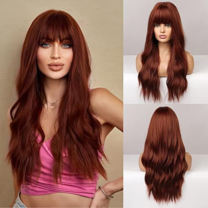 DILLARDS Haircube Auburn Wigs For Women, Long Wavy Synthetic Wig With Bangs Natural Headline Heat Permanent Hair Wig - Image 4
